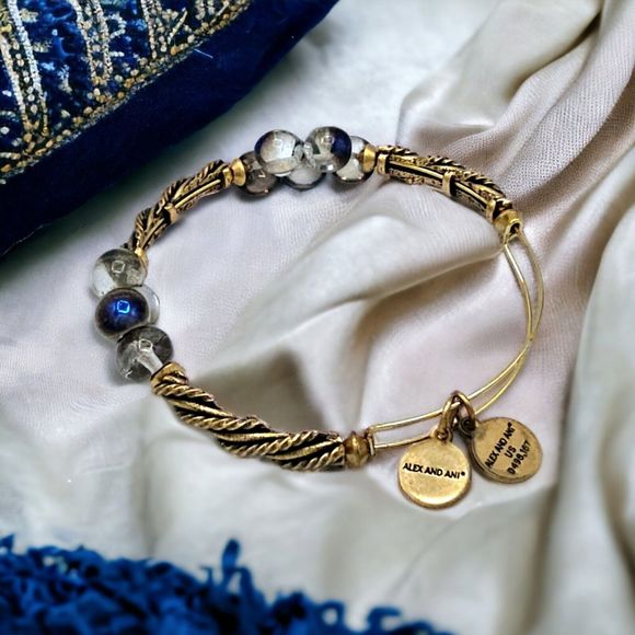 Alex and Ani Bracelet Plum Spirit Bangle Spiral Glass Bead Charm Gold Tone Slide - Picture 1 of 12